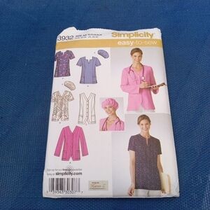 Simplicity Sewing Pattern 3932 Nursing Scrubs Top Hat Sizes 10-18 Nurse CNA